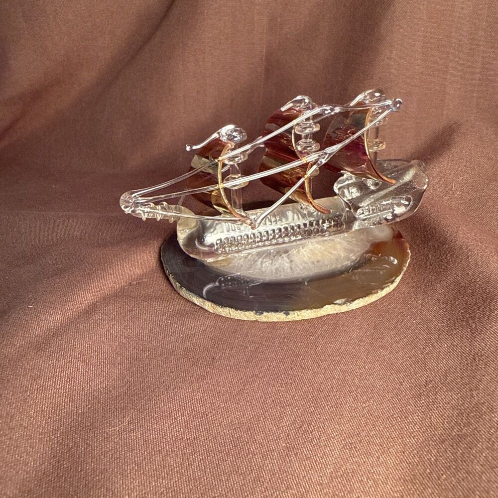 Vintage Spanish Galleon Art Glass Ship on Agate Base Made in Britain Sailboat